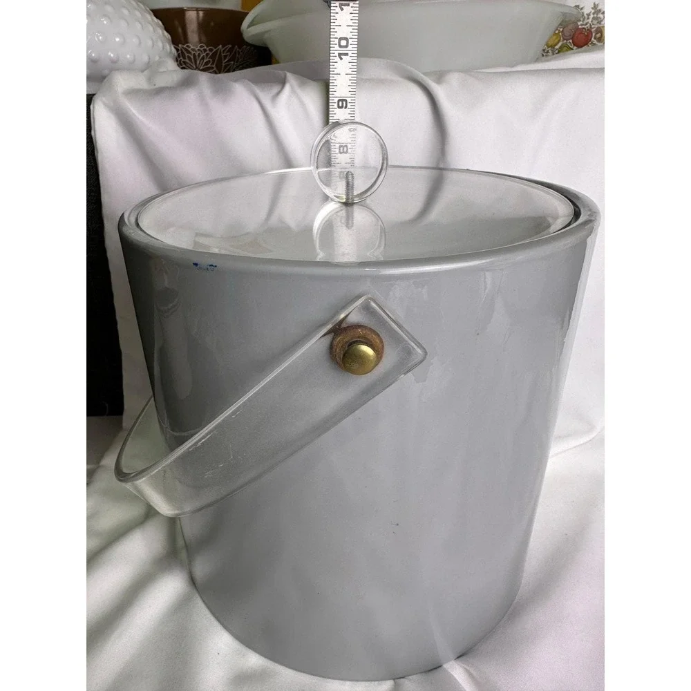 Mid-Century Gray Ice Bucket with Clear Acrylic Handle and Lid